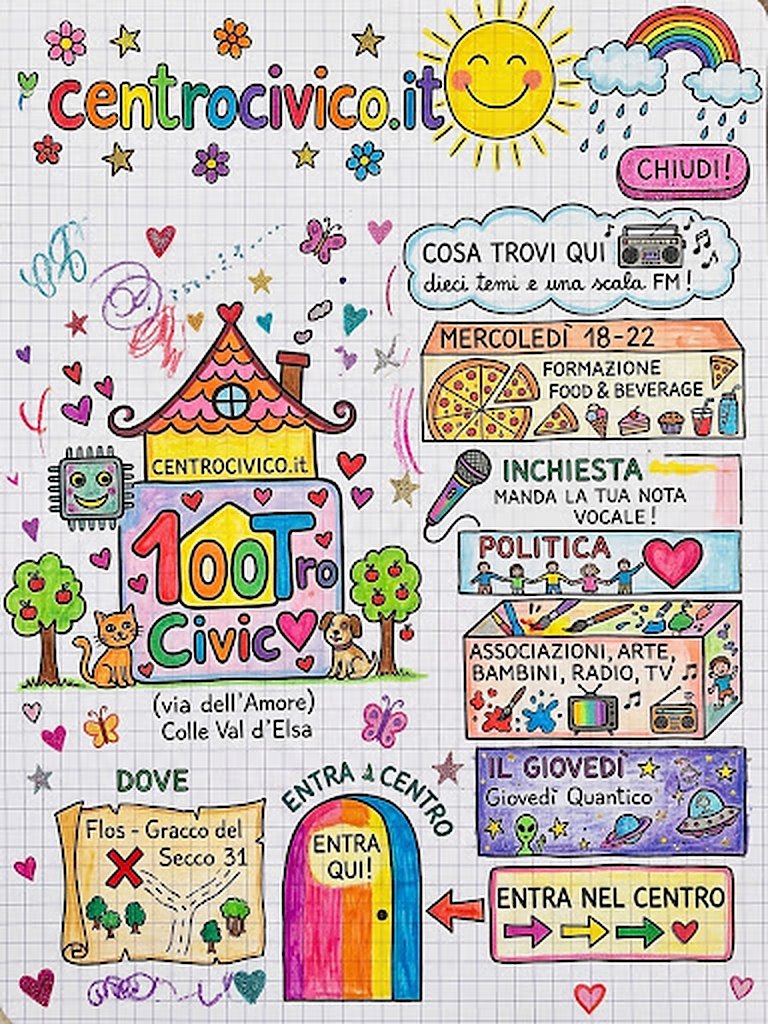 Modello a matite colorate: casetta 100tro Civic, sole, arcobaleno e le dieci stanze disegnate a mano