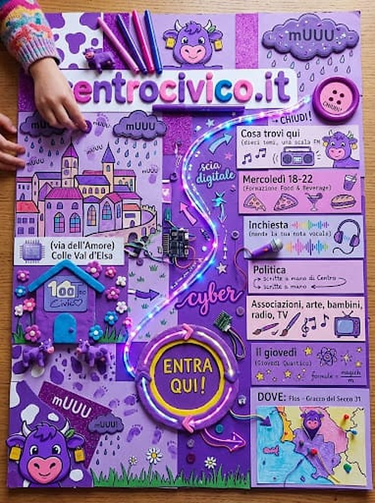 La Home Page Viola: cartoncino, glitter, mucche mUUU e il bottone ENTRA QUI, fatta a mano da una famiglia colligiana