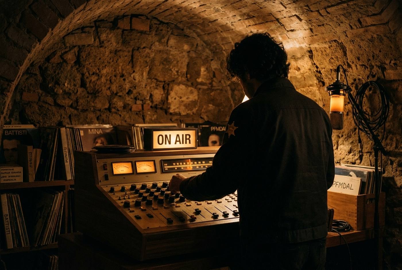 Un DJ di spalle alla consolle in una cantina etrusca, luce ambra