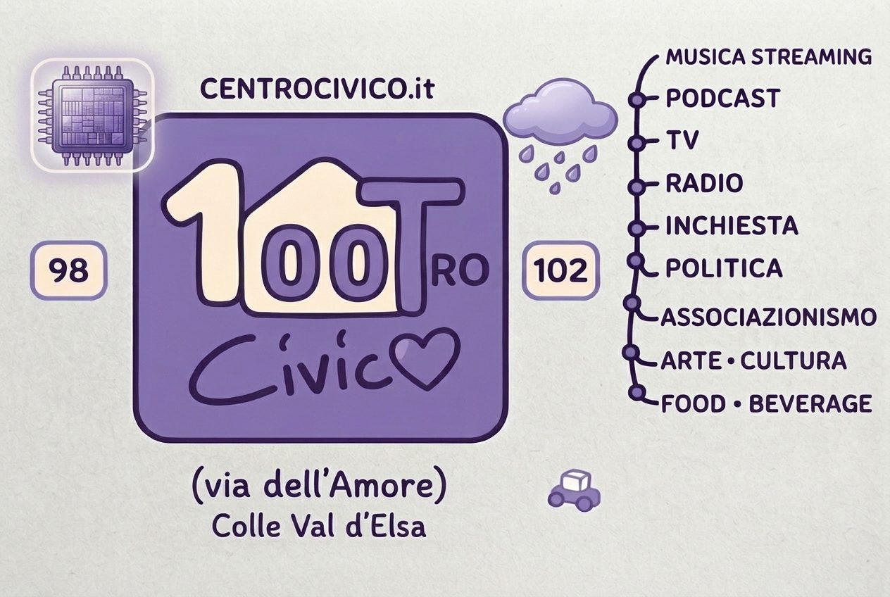Logo 100tro Civico: quadrato viola, il numero 100 con una casetta, la scritta Civico con un cuore, i civici 98 e 102 ai lati, via dell'Amore, Colle Val d'Elsa